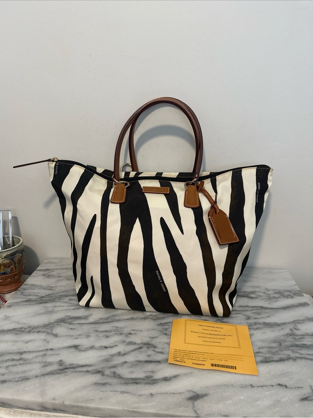 Black & White Zebra Canvas Tote with Brown Leather Handles